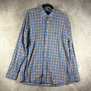 Coastal Cotton Button Down Shirt XL Blue Orange Plaid Classic Fit Long Sleeve
